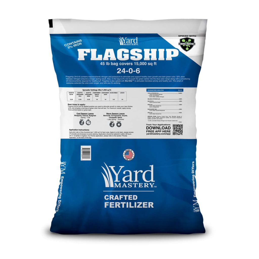 A bag of Yard Mastery Certifies Fertilizer showing its labels and certificates which tell a story.