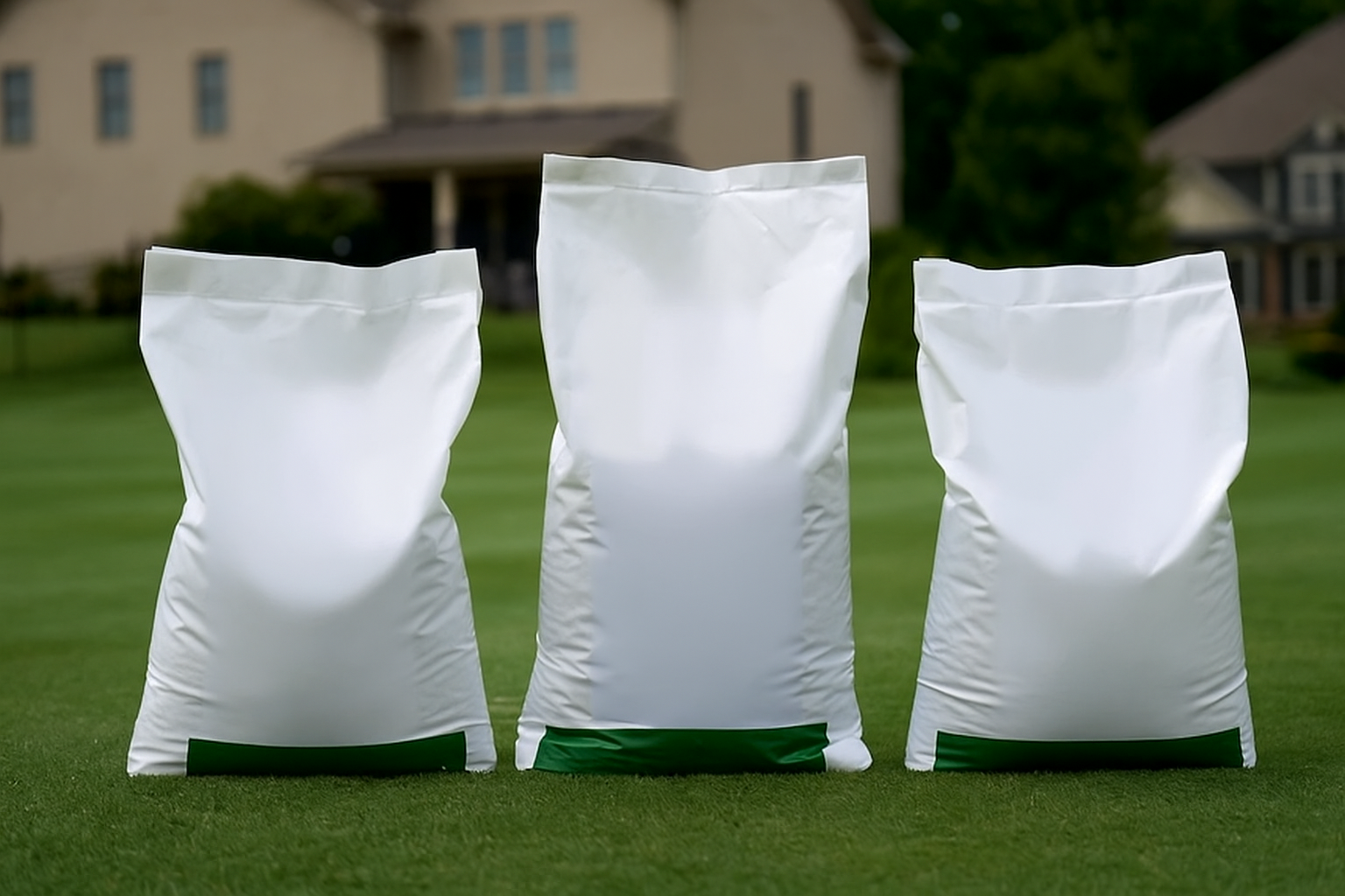 Three fertilizer bags resting upright on a lawn.