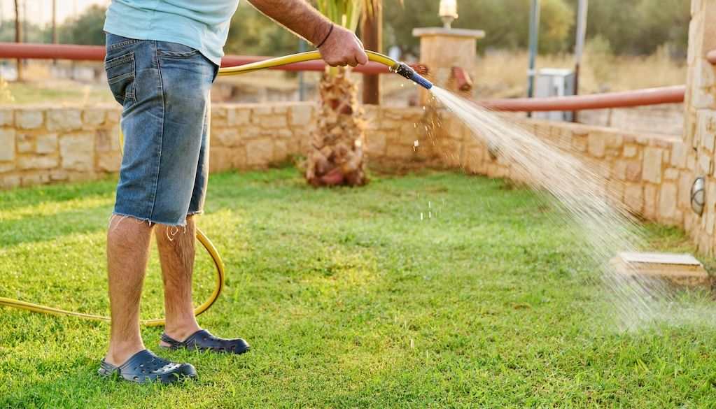 person watering lawn with garden hose to revive dry grass and improve lawn health