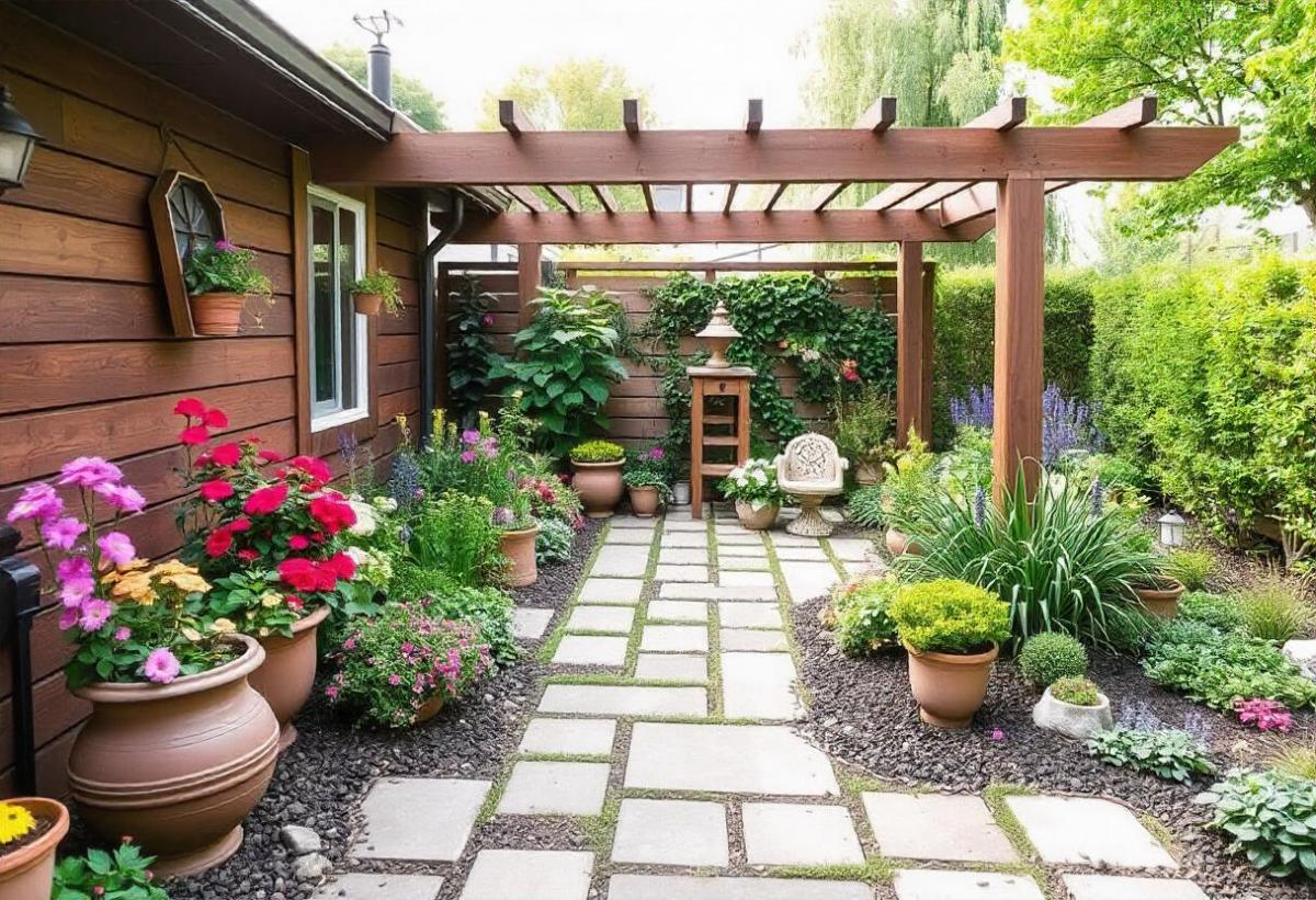 Charming backyard garden with a wooden pergola, potted flowers, and a stone path