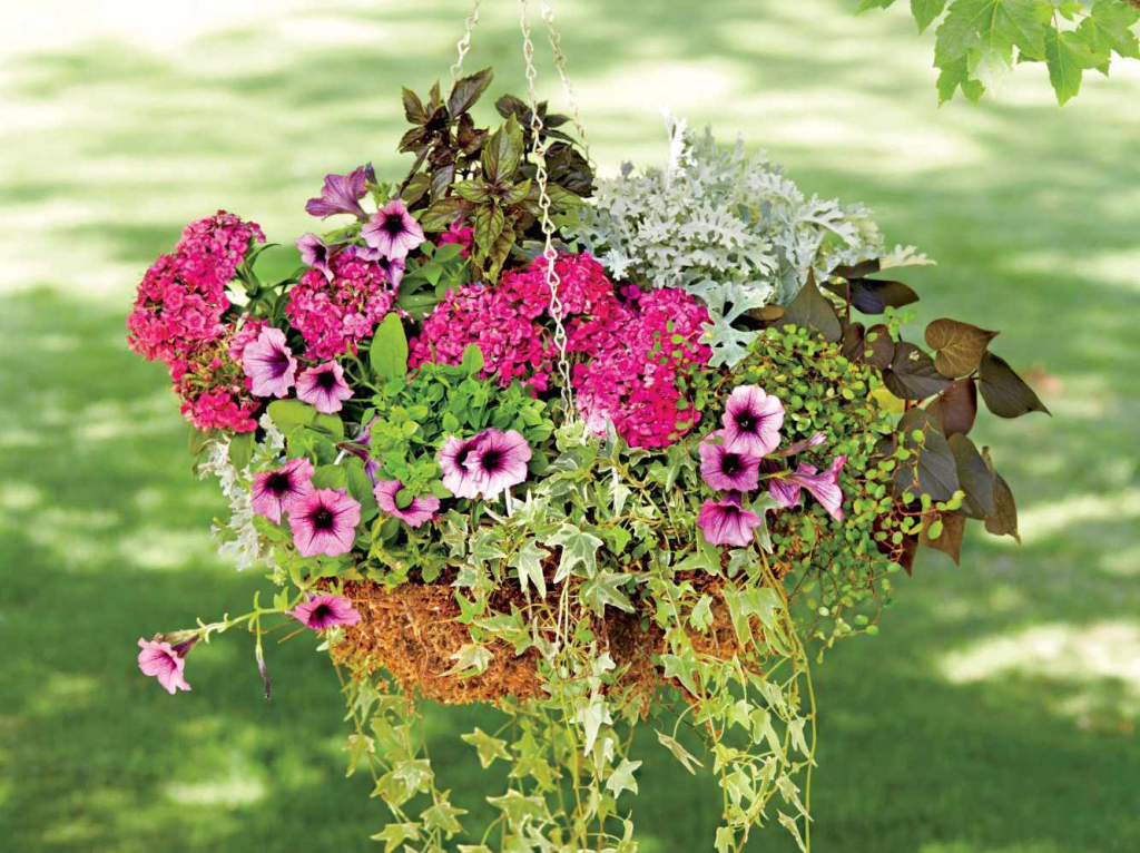 A colorful hanging planter overflowing with flowers.