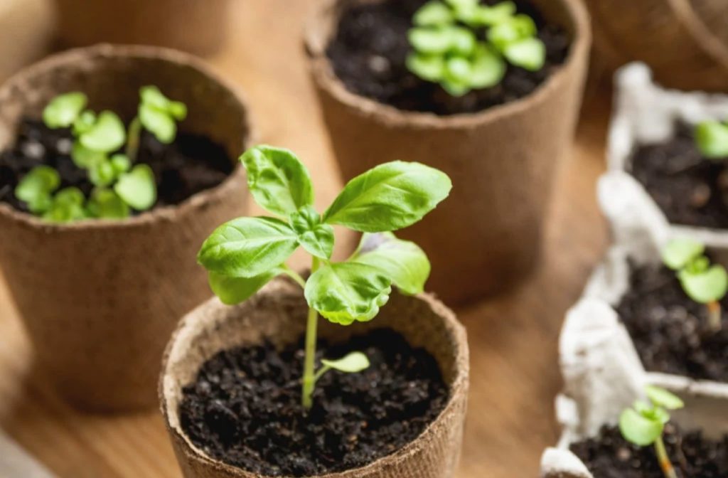Small basil seedlings growing in biodegradable pots filled with soil
