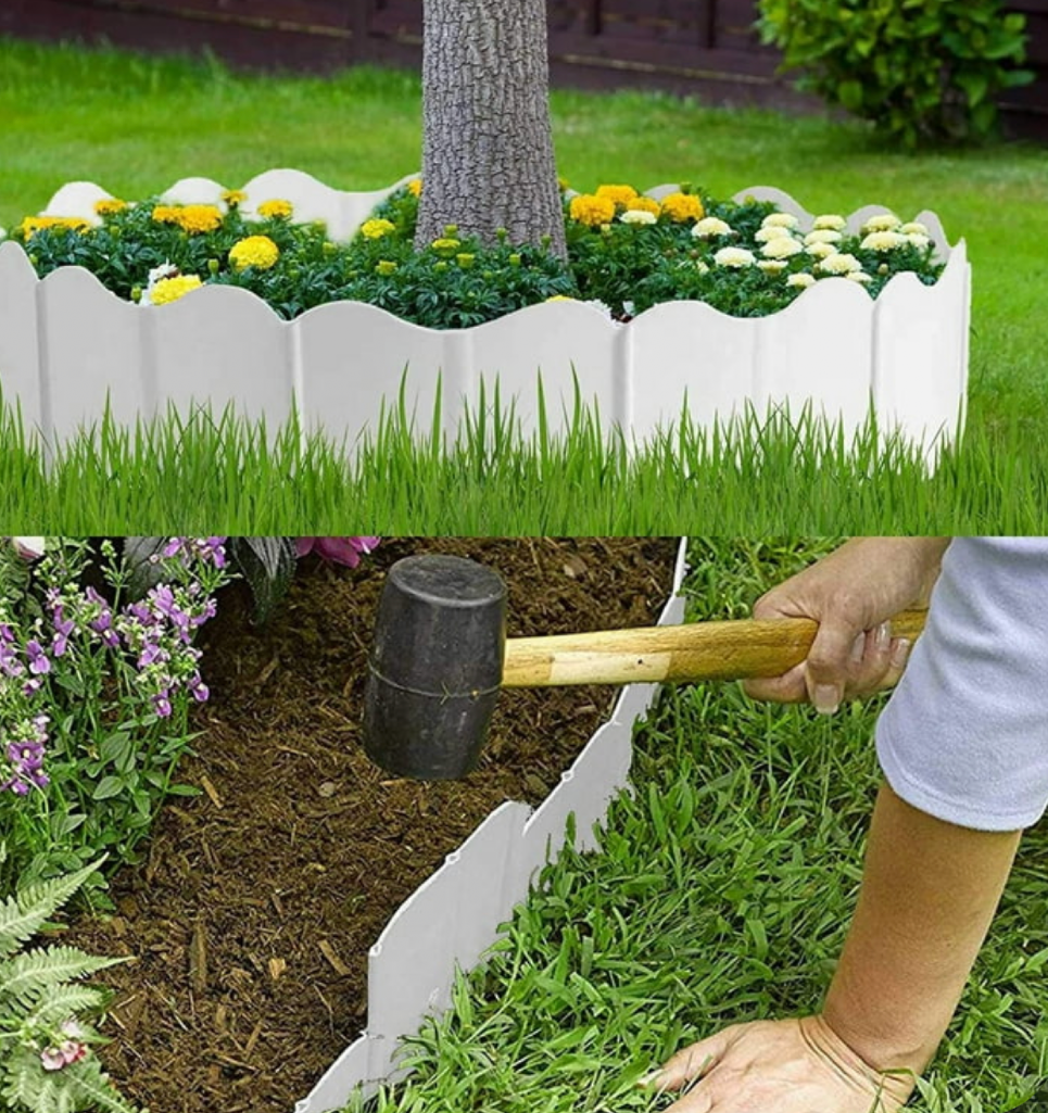 tree ring garden border with white edging and flowering plants landscaping