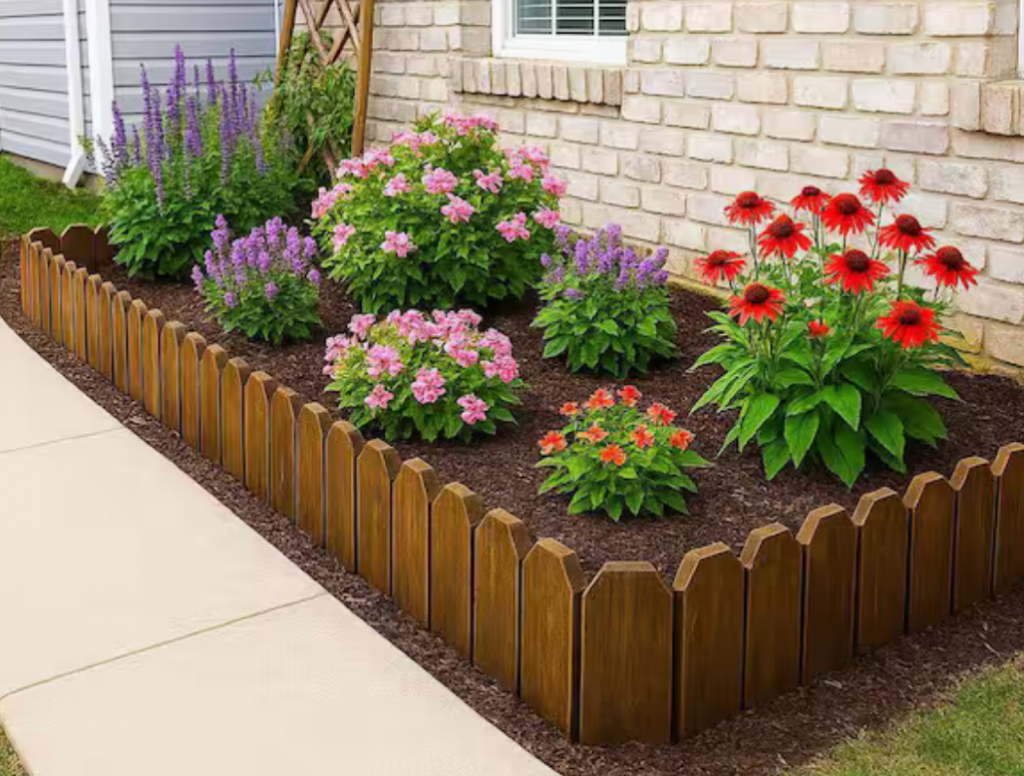 curved brick garden edging with vibrant flowers and soil mulch border