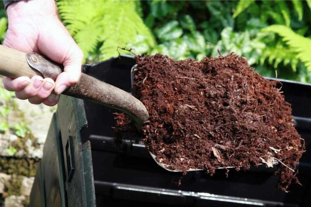 garden shovel adding rich compost to compost bin for natural lawn and garden soil improvement