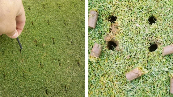 Spike aeration punctures the soil (L) while Core aeration digs out the soil (R)