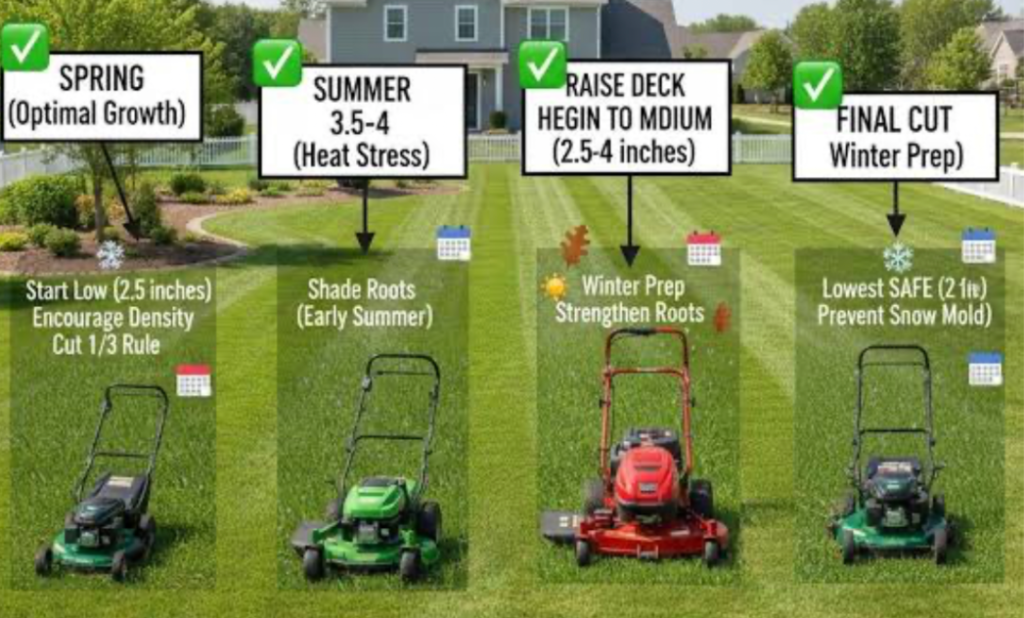 lawn mowing height guide for spring summer and winter showing optimal grass cutting heights