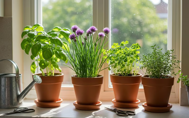 potted basil chives and thyme plants on a kitchen windowsill herb garden
