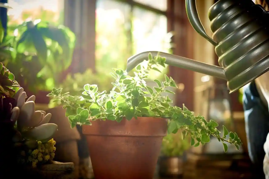 watering indoor herb plant in terracotta pot near sunny window