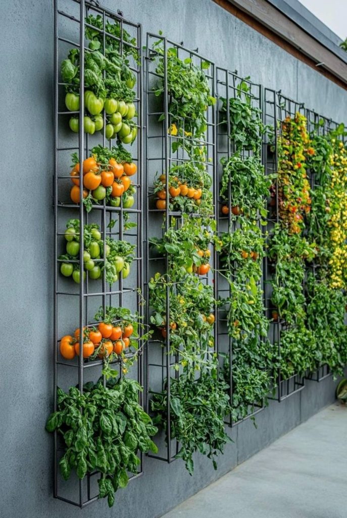 A vertical vegetable garden with tomatoes and leafy greens growing in metal grid trellises mounted on an outdoor wall.
