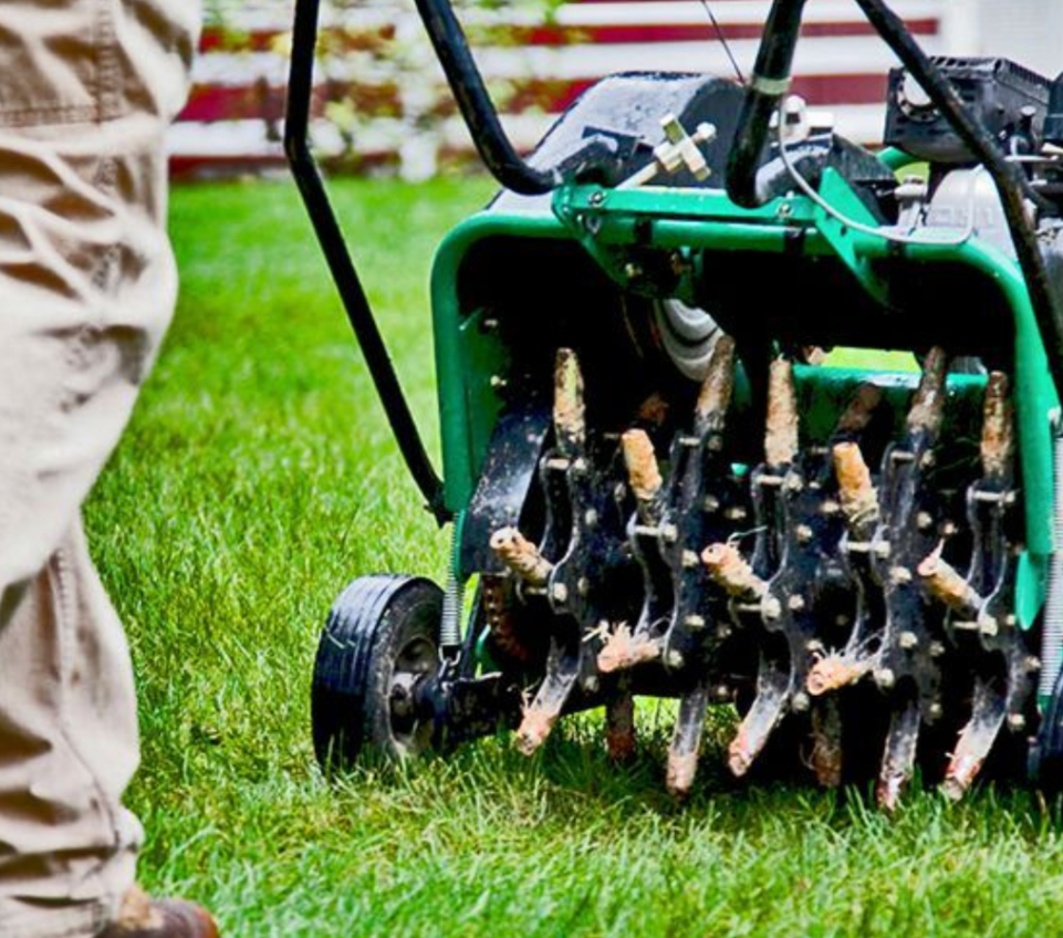 core aeration machine removing soil plugs to improve lawn drainage and root growth