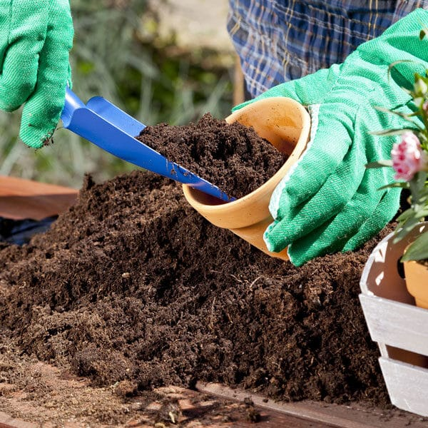 Gardener filling terracotta pots with soil.