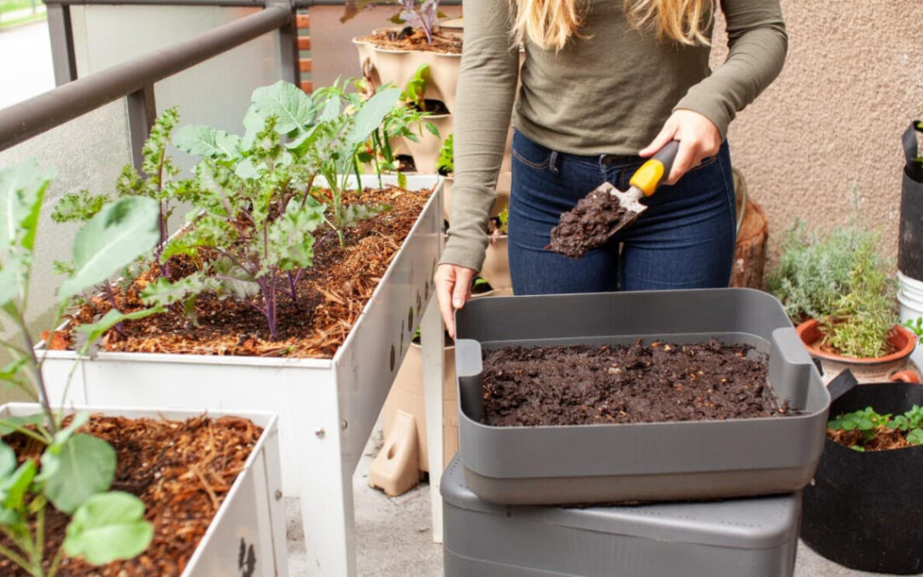 A gardener adding mixed soil to raised beds.