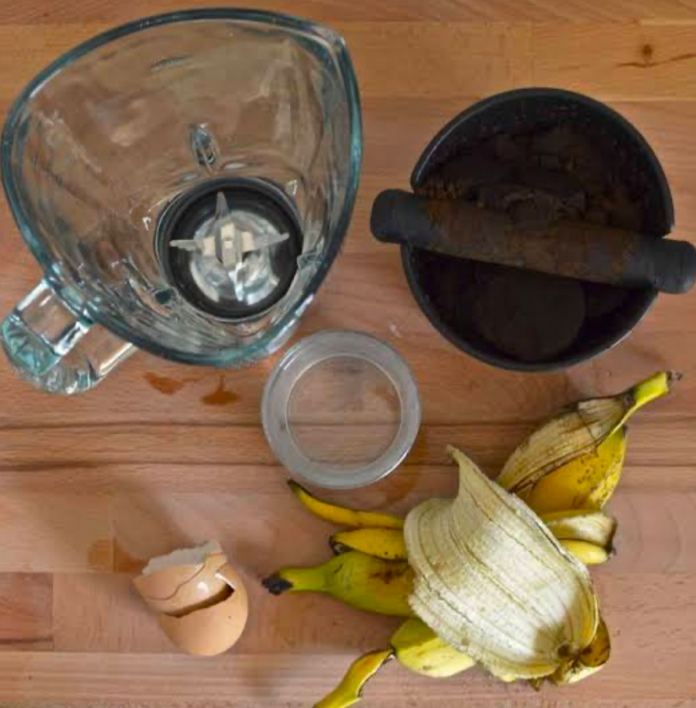 A blender, eggshells, banana peels, and coffee grounds on a table top.