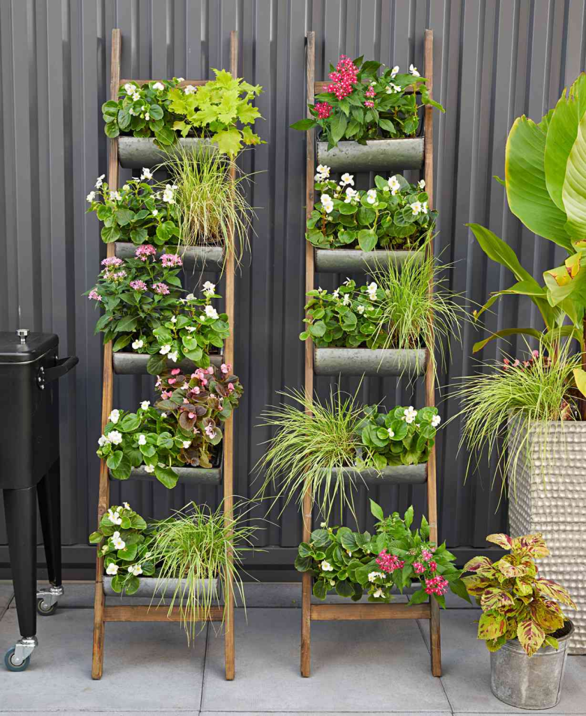 Vertical gardening containers on two ladder like stands.