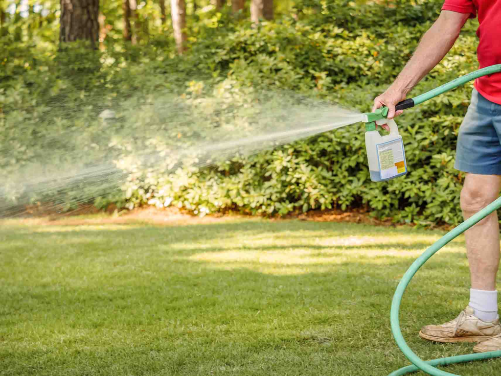 Spraying water with fertilizer on to a lawn.