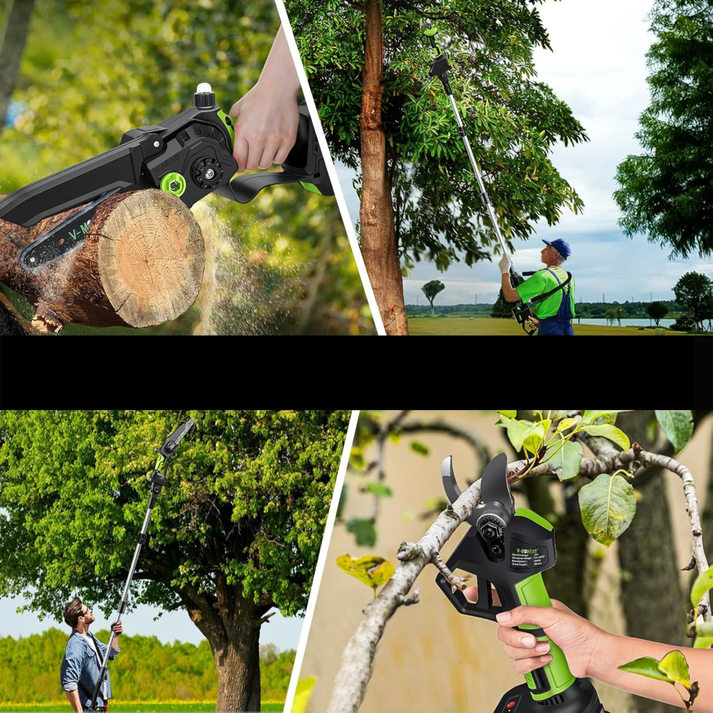 A collage of people using a pole pruner to saw off branchs.