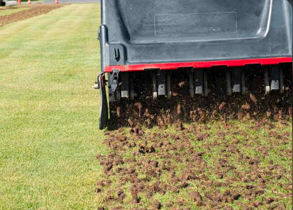 A machine being used to core aerate a lawn.