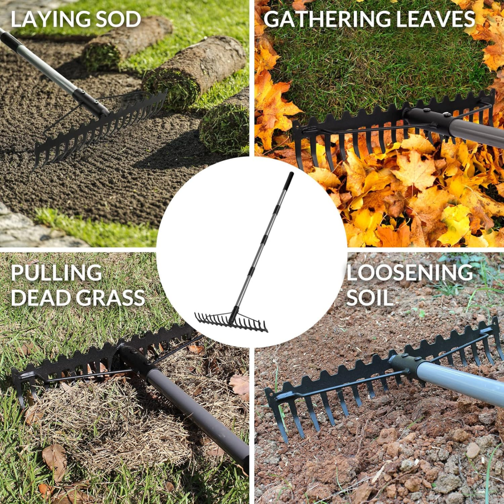 A collage of images showing the different tasks a heavy duty garden rake can be used to complete.