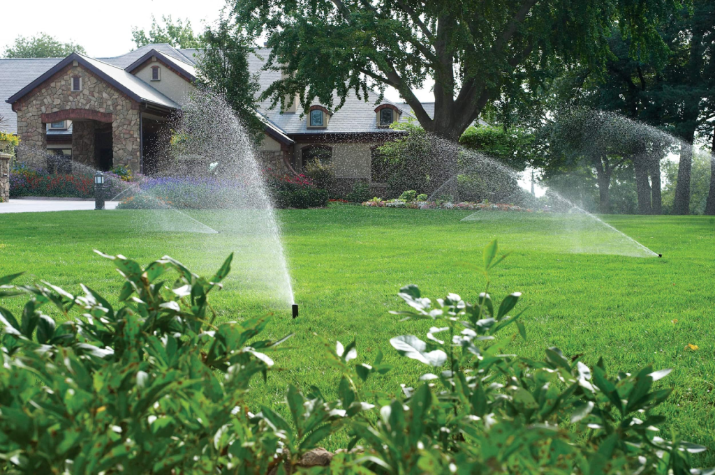Sprinklers being used to water a lawn.
