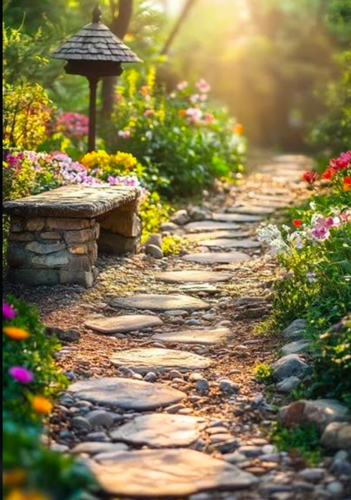 Sunlit garden path with blooming flowers and rustic stone bench