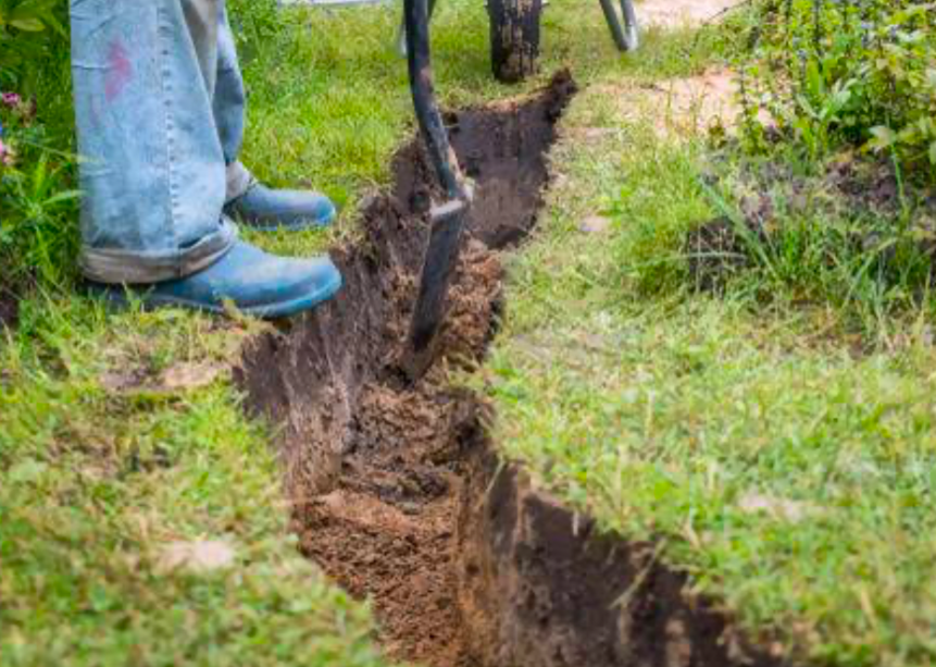 Shovel digging drainage trench through backyard lawn during landscaping project