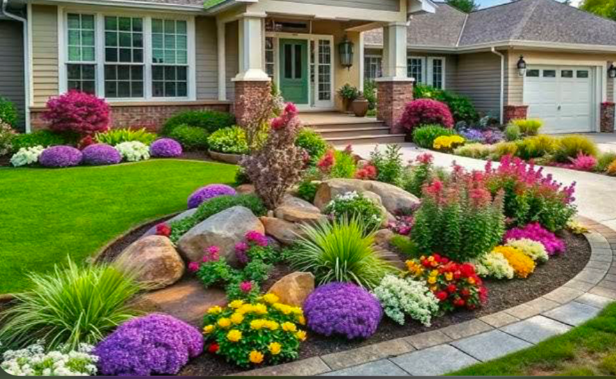 Vibrant front yard landscaping with boulders, flower mounds, and curved edging