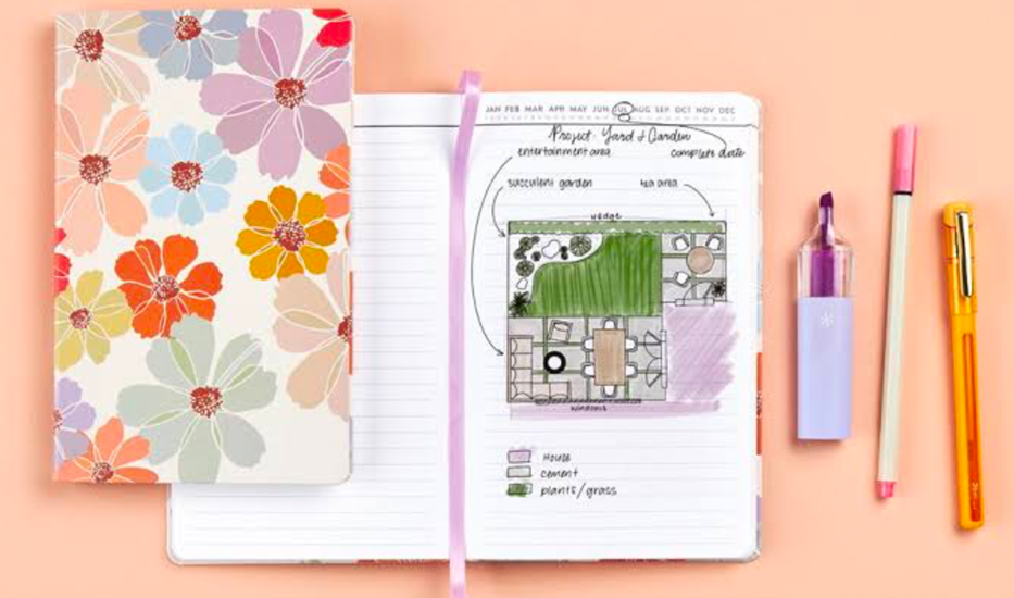 Garden planning notebook with landscape sketch and pens
