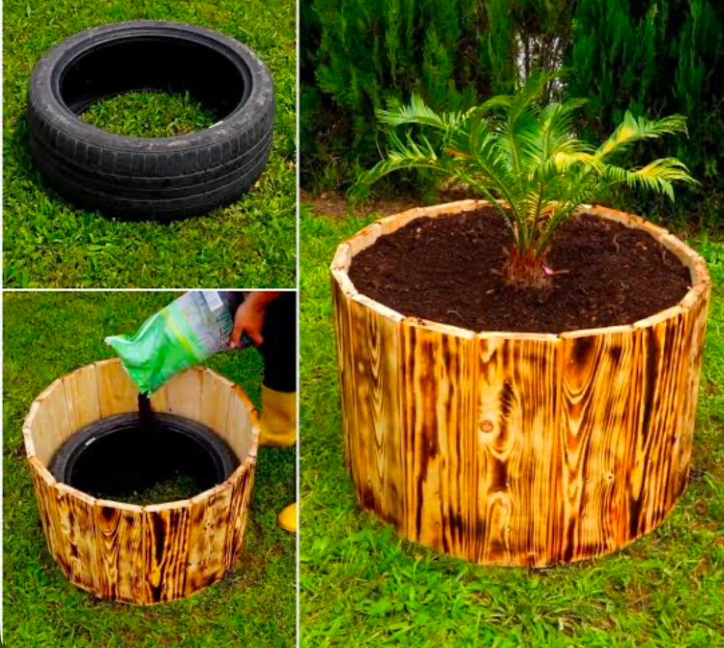 A collage of three images showing the progress to turn a tire into a wooden planter.