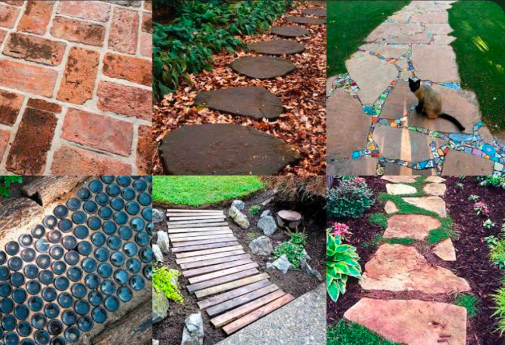 A collage of 6 different examples of DIY garden paths.