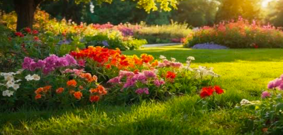 Thee sun rising/setting over a blossoming garden.