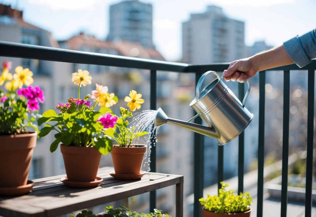 A gardener watering container grown flowers on a balcony.