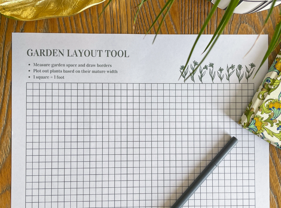 white sheet of paper on a table with grids on it to illustrate where you would place certain plants in your garden before executing.