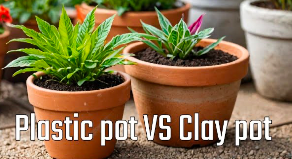 Plastic pot vs clay pot comparison with plants growing in terracotta containers