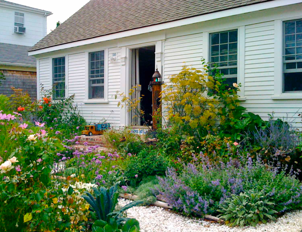 A lush cottage garden filled with colorful flowers, shrubs, and greenery surrounding the entrance of a white house with multiple windows and a gravel pathway