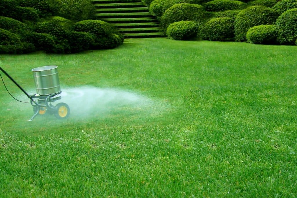 A spreader being used to fertilize a lawn.