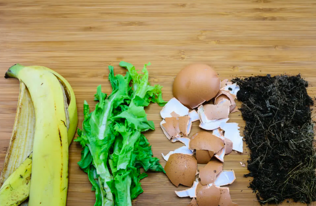 Banana peel, lettuce scraps, eggshells, and soil arranged for composting on a wooden surface.