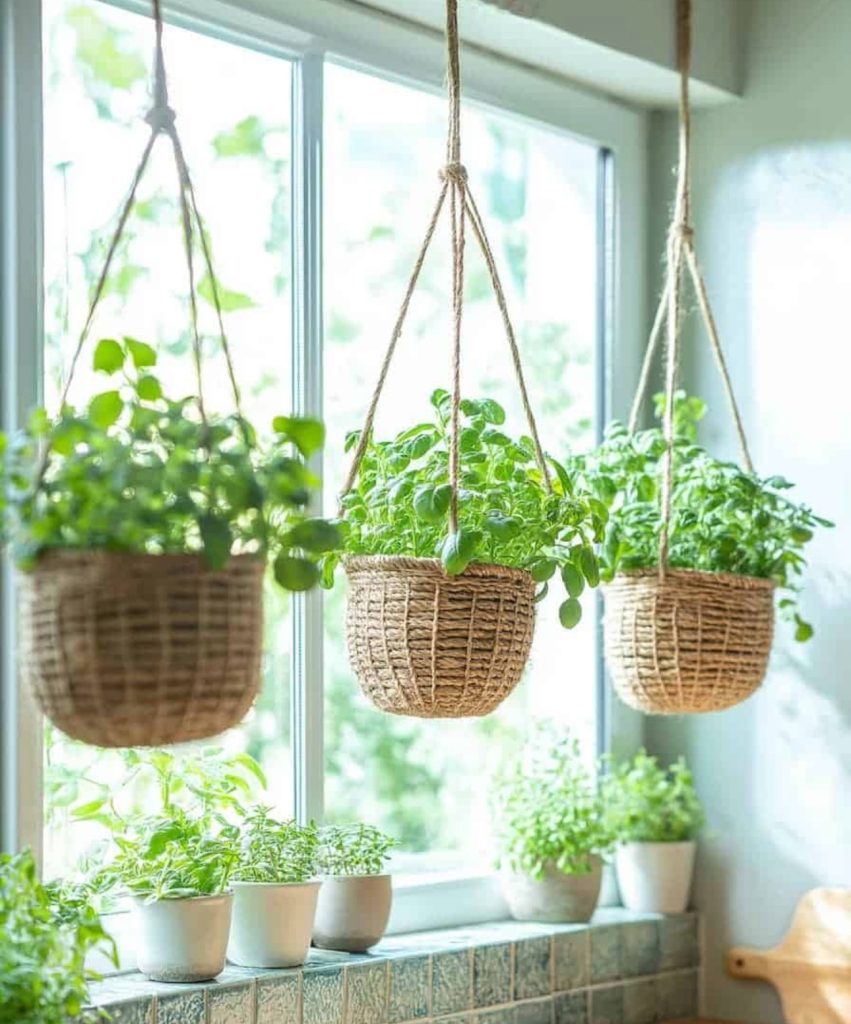 Hanging baskets filled with fresh herbs placed near a sunny kitchen window