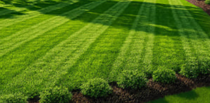 lush green striped lawn after proper mowing and lawn care maintenance