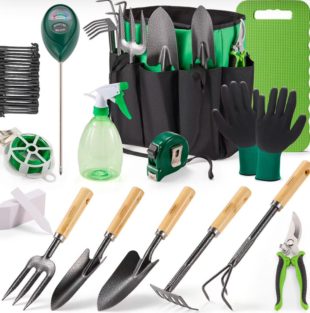 Garden rake attachment with long handle for leaf cleanup and soil leveling