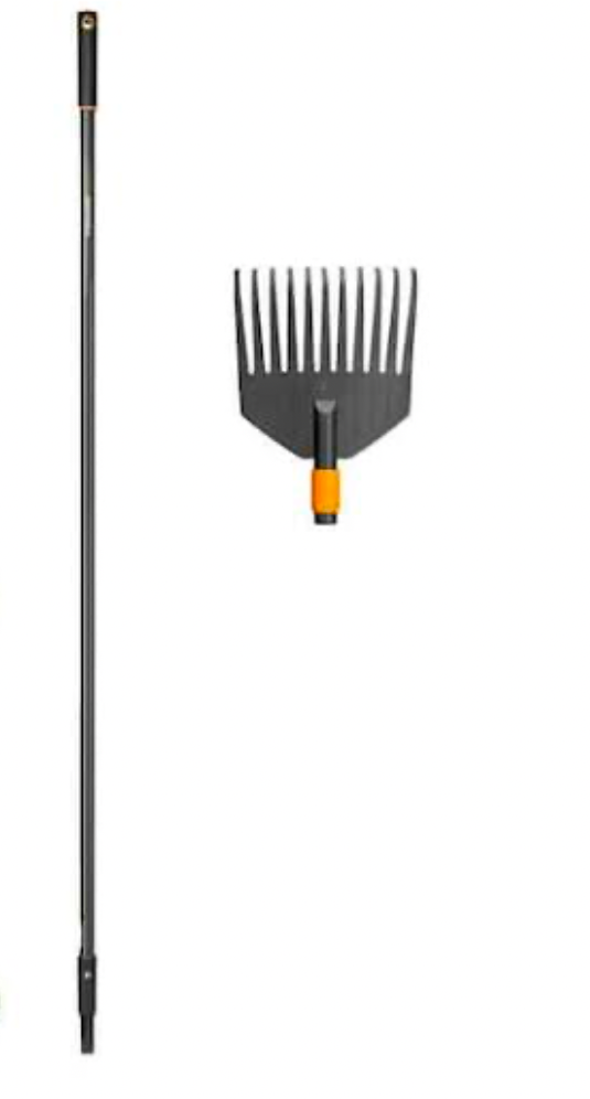 Garden rake attachment with long handle for leaf cleanup and soil leveling
