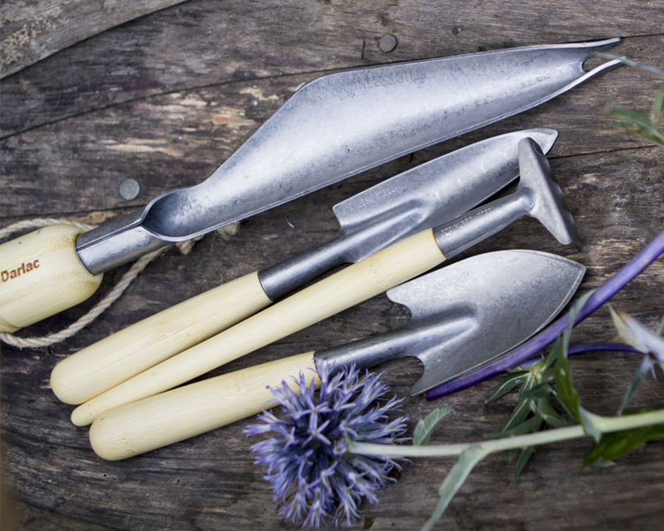 Close-up of metal garden trowels with wooden handles for precise planting tasks