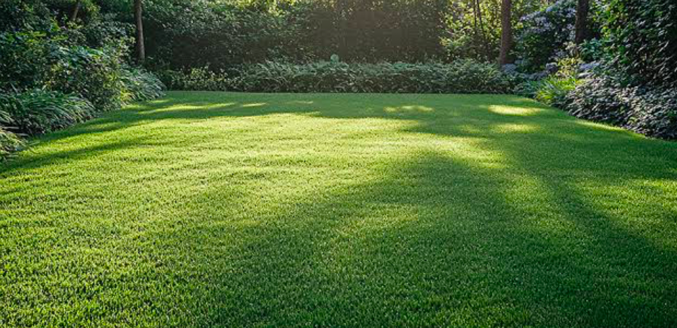 Lush green backyard lawn with evenly cut grass in partial sunlight