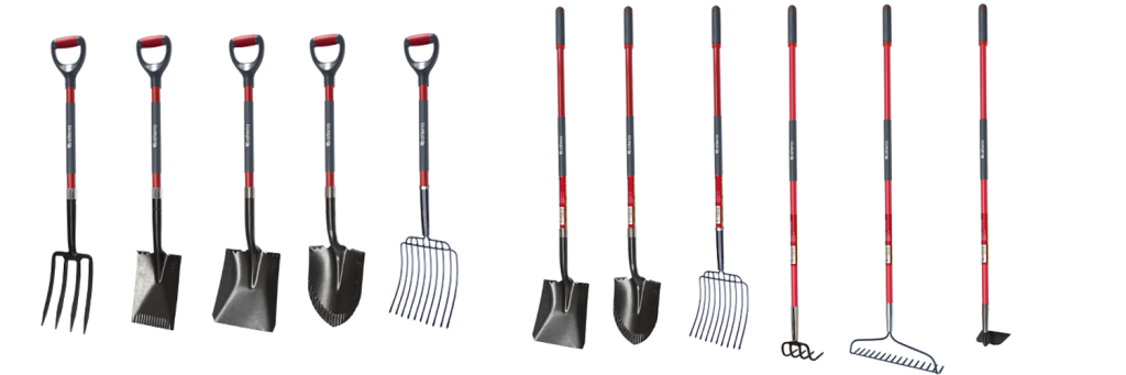 Line up of fiberglass handled gardening forks and shovels