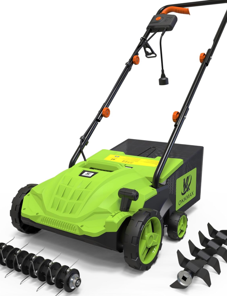 Electric lawn scarifier with detachable dethatching blades and collection bag