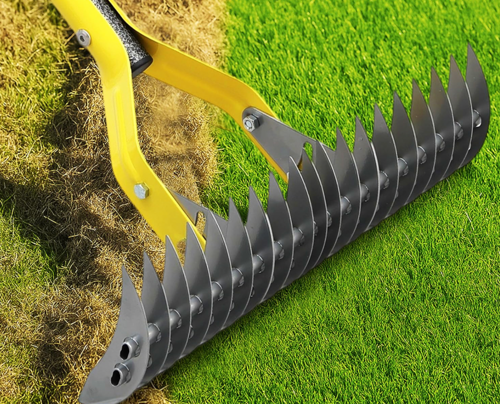 Heavy-duty lawn dethatching rake cutting through thick grass thatch layer