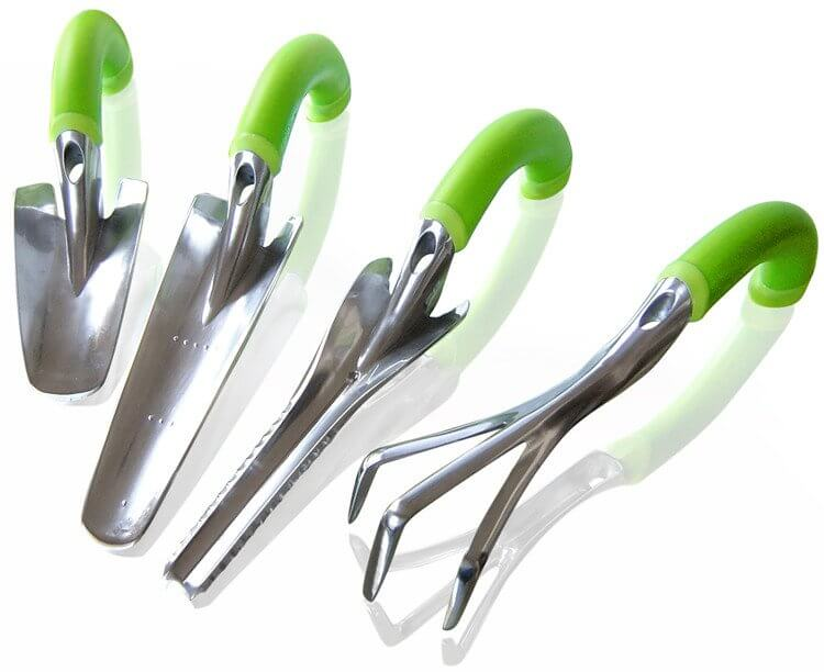 Small handheld gardening tools set with ergonomic green handles