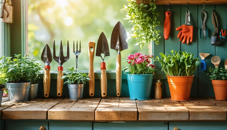 Garden tool bench with hand trowels, forks, gloves, and potted plants in a potting shed