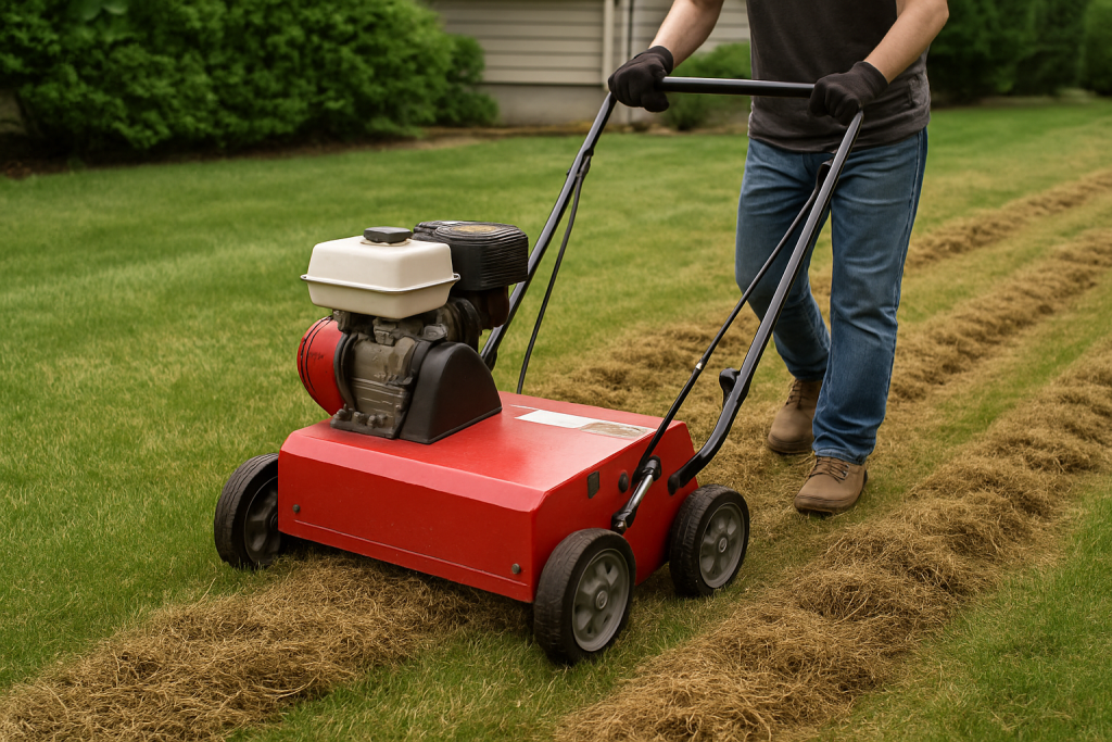 gas powered lawn dethatcher removing thatch from healthy green lawn