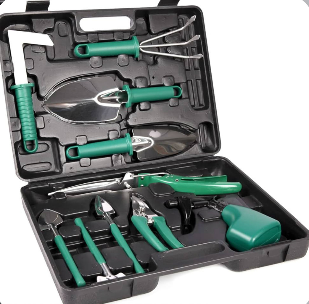 complete gardening tool set in a carry case with trowel, fork, cultivator, pruner and spray bottle
